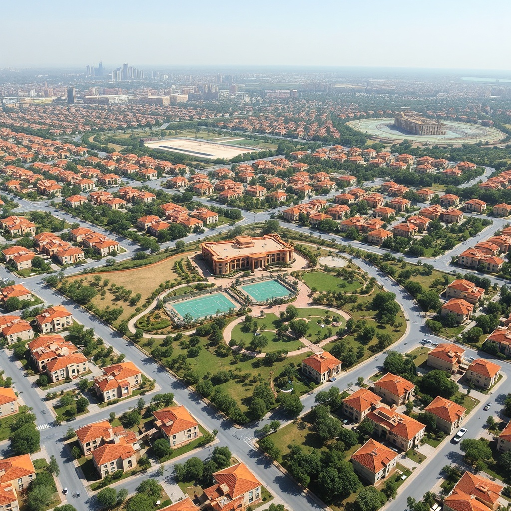 Aerial view of a well-designed rental compound in New Cairo, showing its proximity to major roads and AUC, demonstrating the strategic location that makes it one of the best compounds for rent in New Cairo for those seeking both convenience and space.