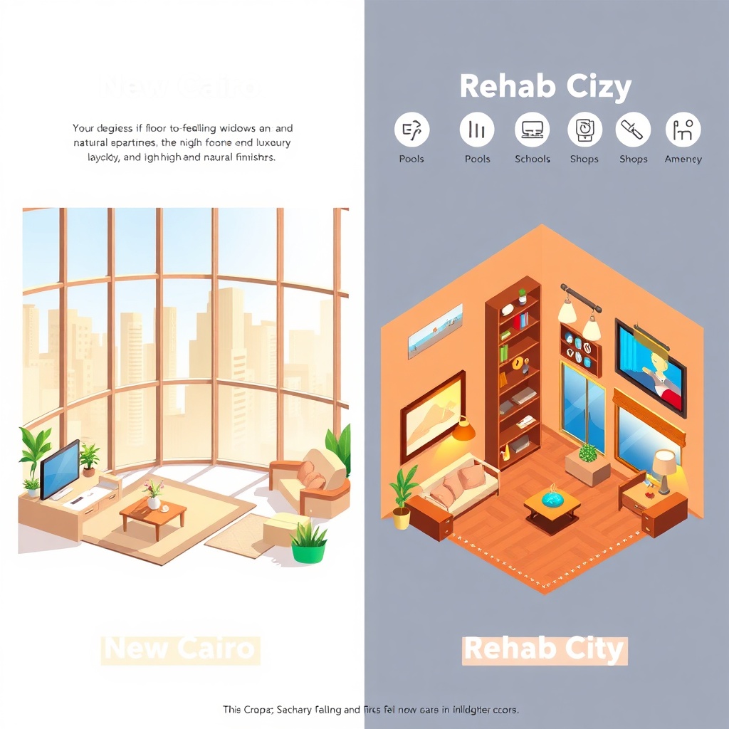 Interior comparison of New Cairo luxury apartment versus Rehab City affordable rental showcasing lifestyle and cost differences
