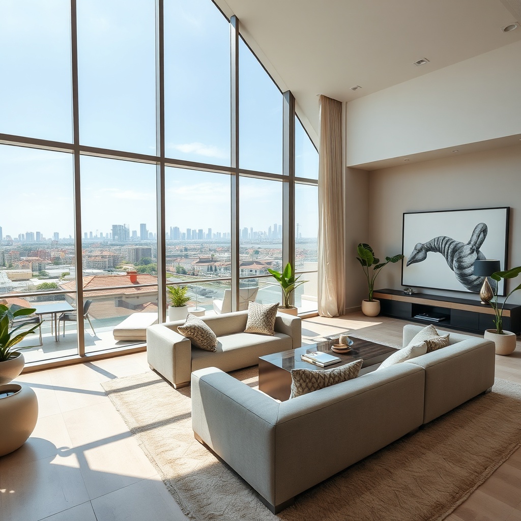 Elegant penthouse interior in Katameya Heights with panoramic views, showcasing luxury rental property features and amenities