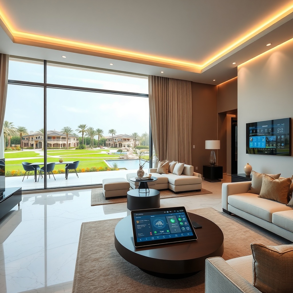 Luxury villa New Cairo interior with smart home automation, elegant living space, and view of community amenities