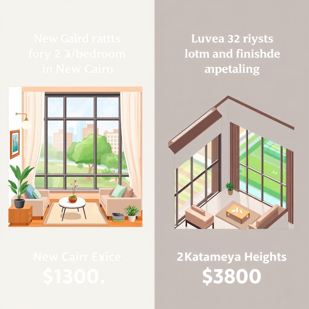 New Cairo vs Katameya Heights rent comparison: A detailed infographic showing a modern 2-bedroom apartment in New Cairo on the left and a luxurious 2-bedroom apartment in Katameya Heights on the right, highlighting the differences in amenities and pricing.