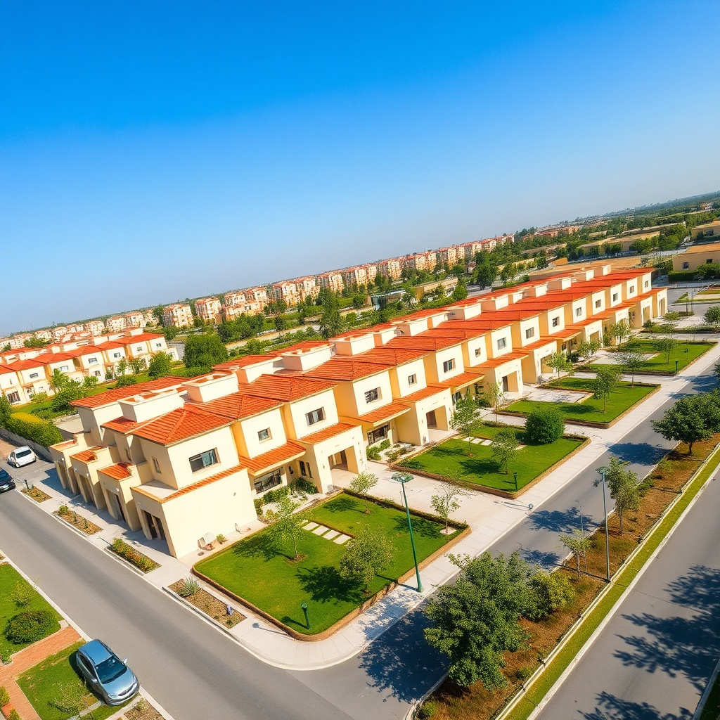 Aerial view of affordable townhouses for rent under 50000 EGP in New Cairo’s 5th Settlement, showcasing modern homes in a well-planned gated community with green surroundings