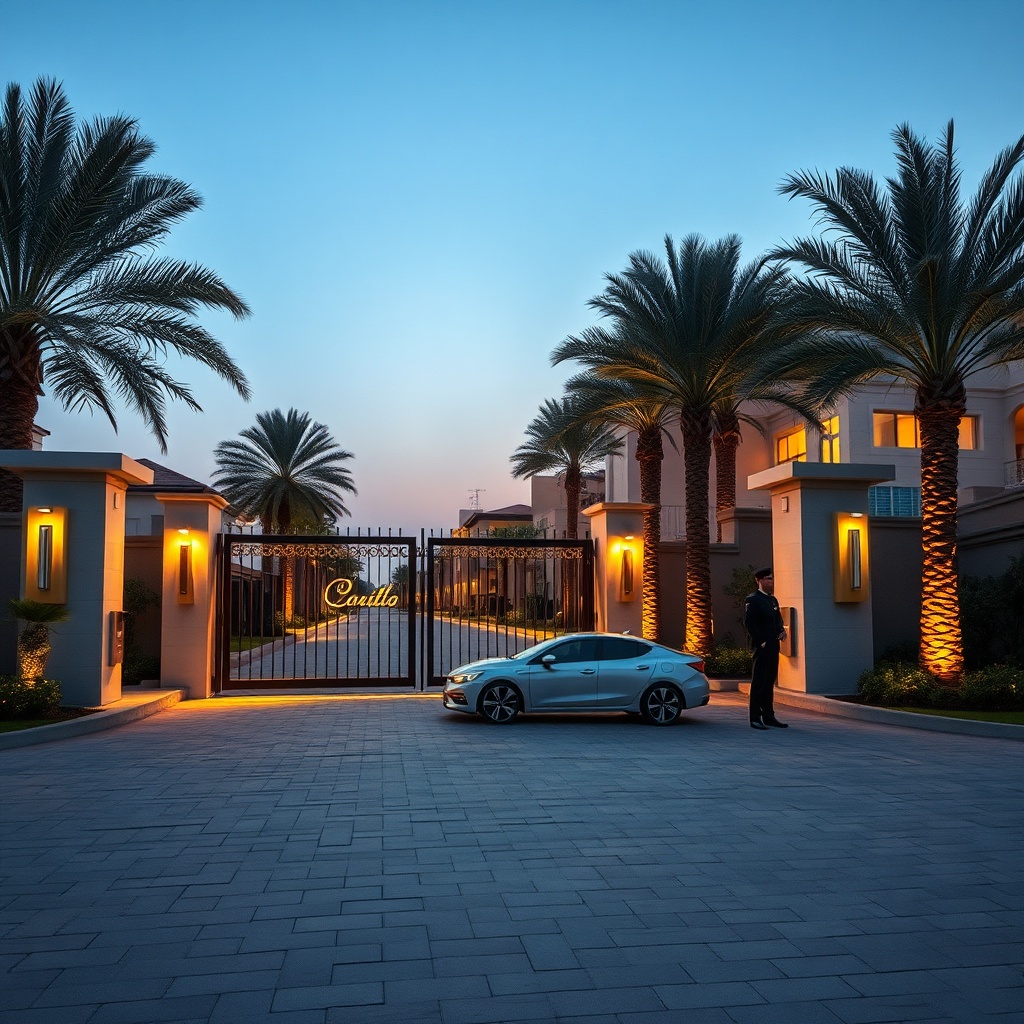 Grand entrance of a high-security luxury compound in New Cairo with biometric access and palm-lined driveways