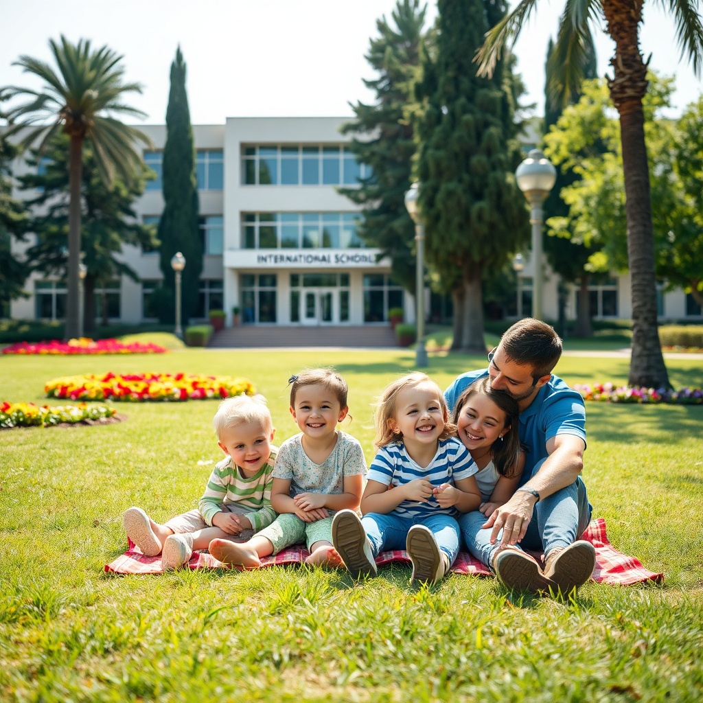 Families enjoying a picnic in a green park near an international school, illustrating the best neighborhoods in New Cairo for families with quality education and outdoor amenities