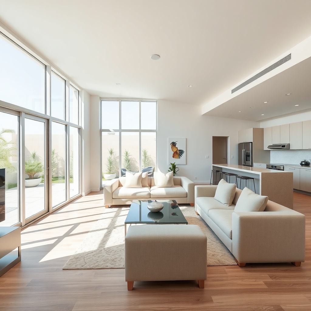 Spacious townhouse interior in New Cairo Golden Square with modern finishes and natural light, showcasing rental living standards in the Fifth Settlement compound