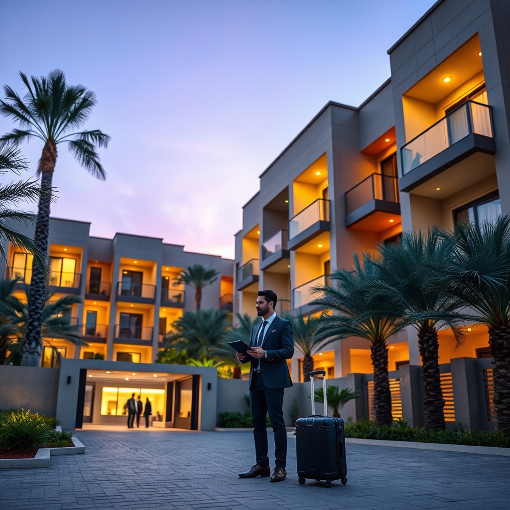 Professional property manager welcoming guests at a modern compound, highlighting the active short-term rental New Cairo market in Fifth Settlement and the 90th Street corridor.