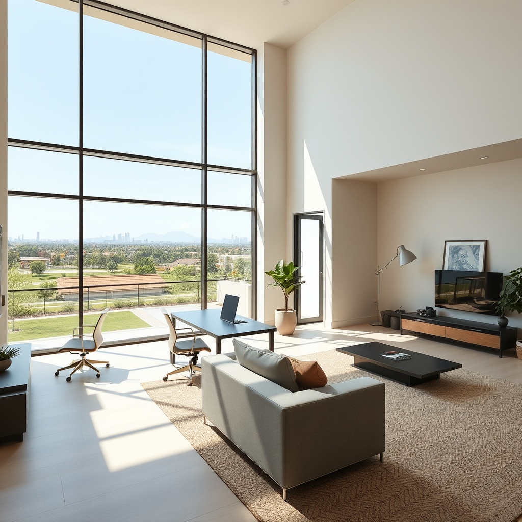 Renting compound villa in New Cairo: interior of a spacious two‑bedroom villa with open-plan living, home office, and balcony overlooking a landscaped courtyard
