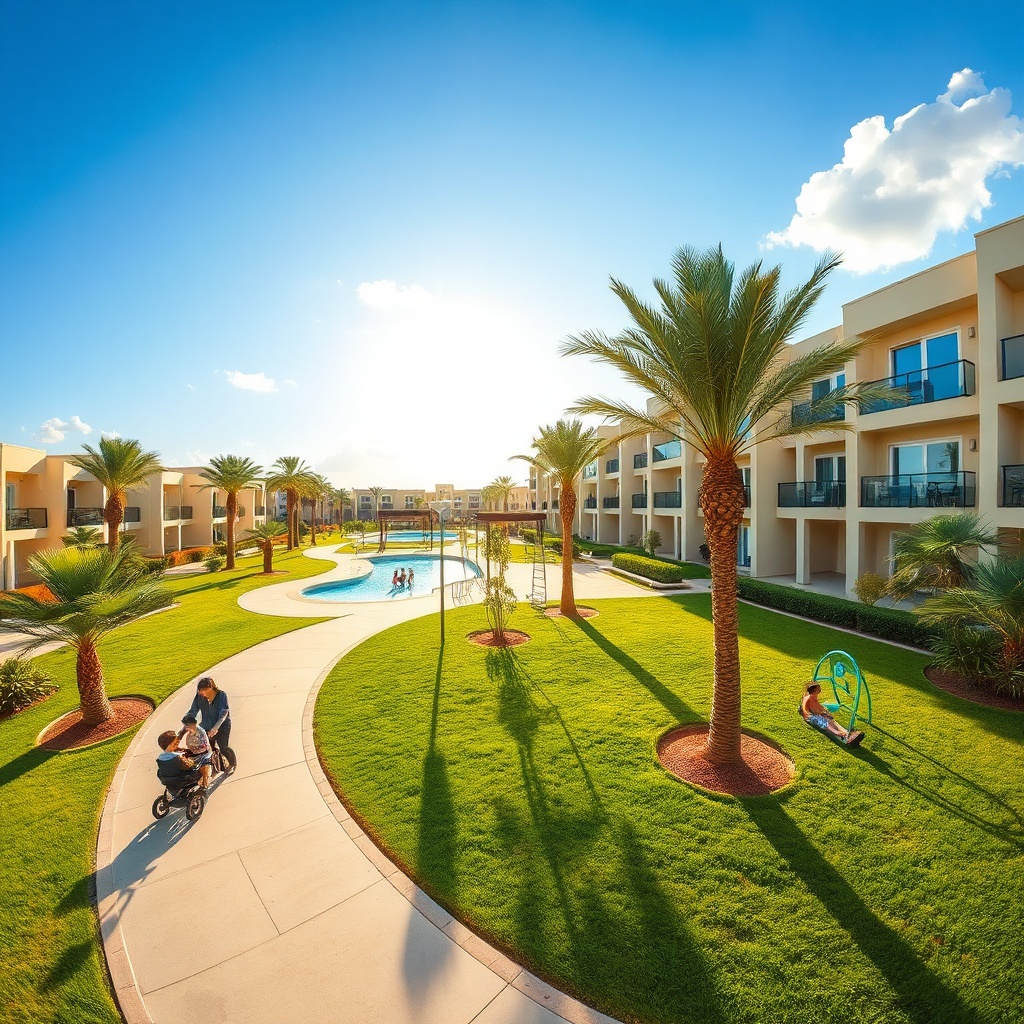 Family-friendly residential compound with green spaces and playgrounds, one of the best neighborhoods in New Cairo for families seeking a modern, planned lifestyle with outdoor recreation