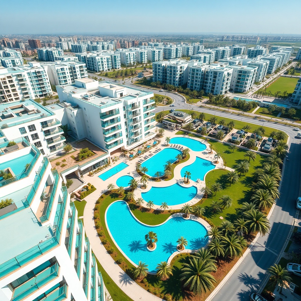 Modern luxury apartment complex in New Cairo Fifth Settlement illustrating competitive New Cairo vs Zamalek rent options and modern amenities.