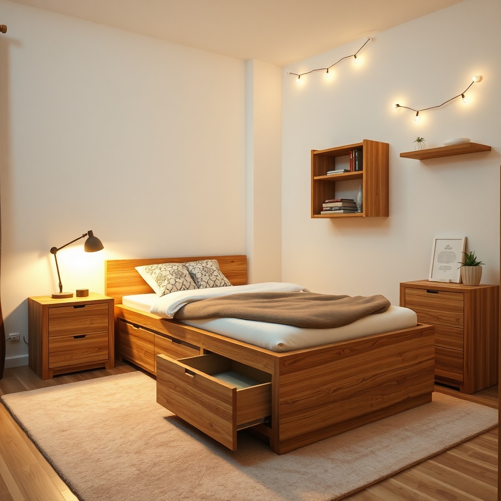 Cozy bedroom with budget furniture for new Cairo apartments, featuring a wooden platform bed with storage, nightstand, and wall-mounted shelf in a warm, inviting setting